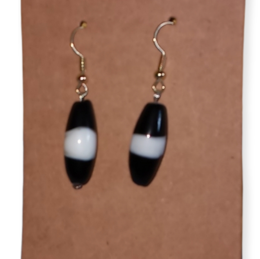 Black and white striped blown glass statement earrings drop pierced dangling